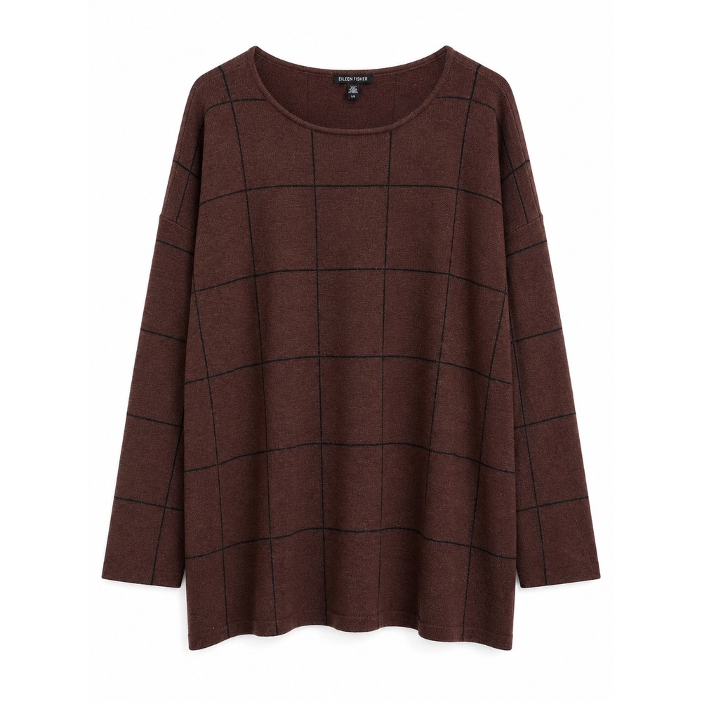 Eileen Fisher Merino Wool Sweater L Brown Black Windowpane Oversized Tunic